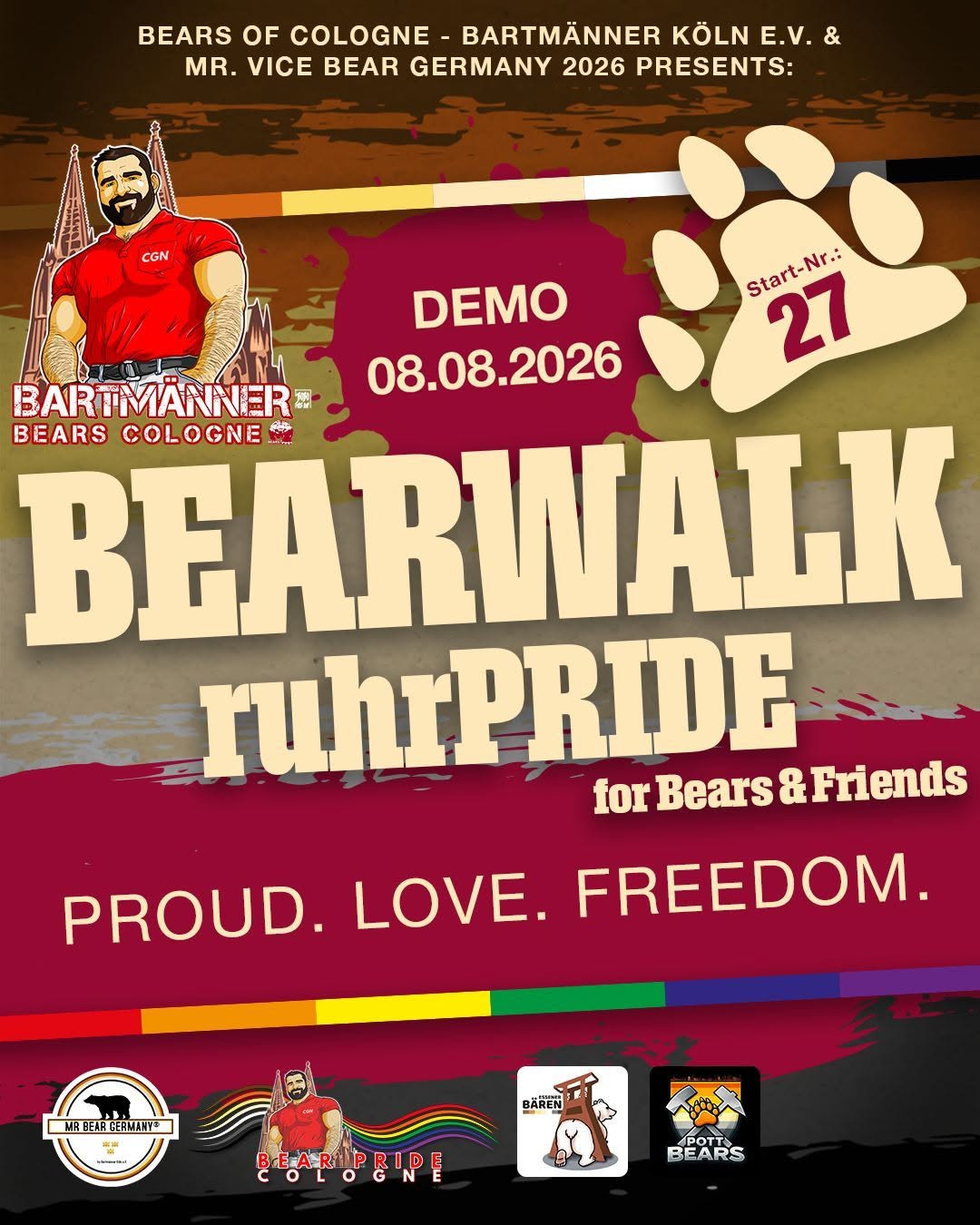 BearWalk-Motiv der Bartmänner für den ruhrPRIDE Essen am 8. August 2026 mit Startnummer 27