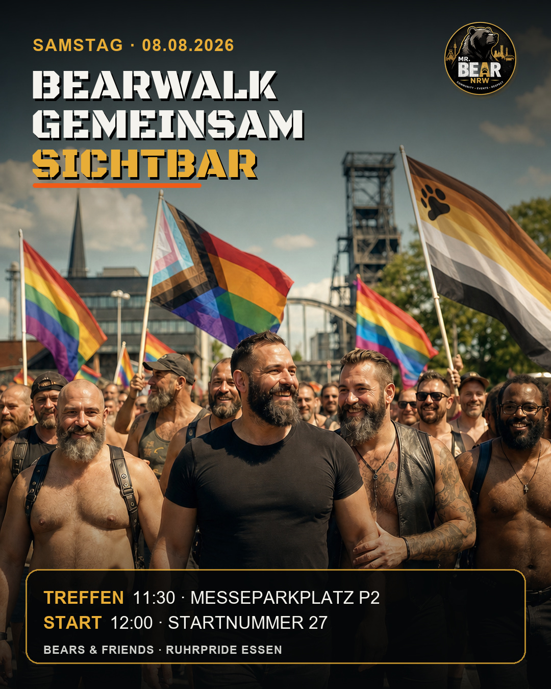 BearWalk beim ruhrPRIDE Essen am 8. August 2026: Treffen um 11:30 Uhr am Messeparkplatz P2, Demostart um 12 Uhr, Startnummer 27