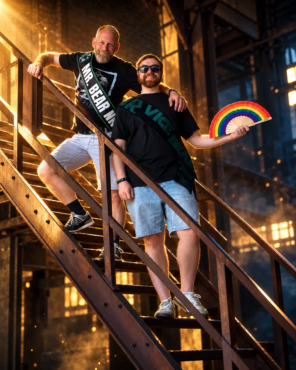 Christoph und Joshua als Titelträger 2026 vor einer beleuchteten Industriekulisse